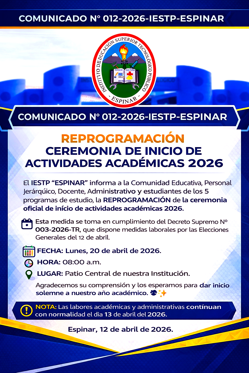 COMUNICADO N° 12 - 2026 IESTP-ESPINAR