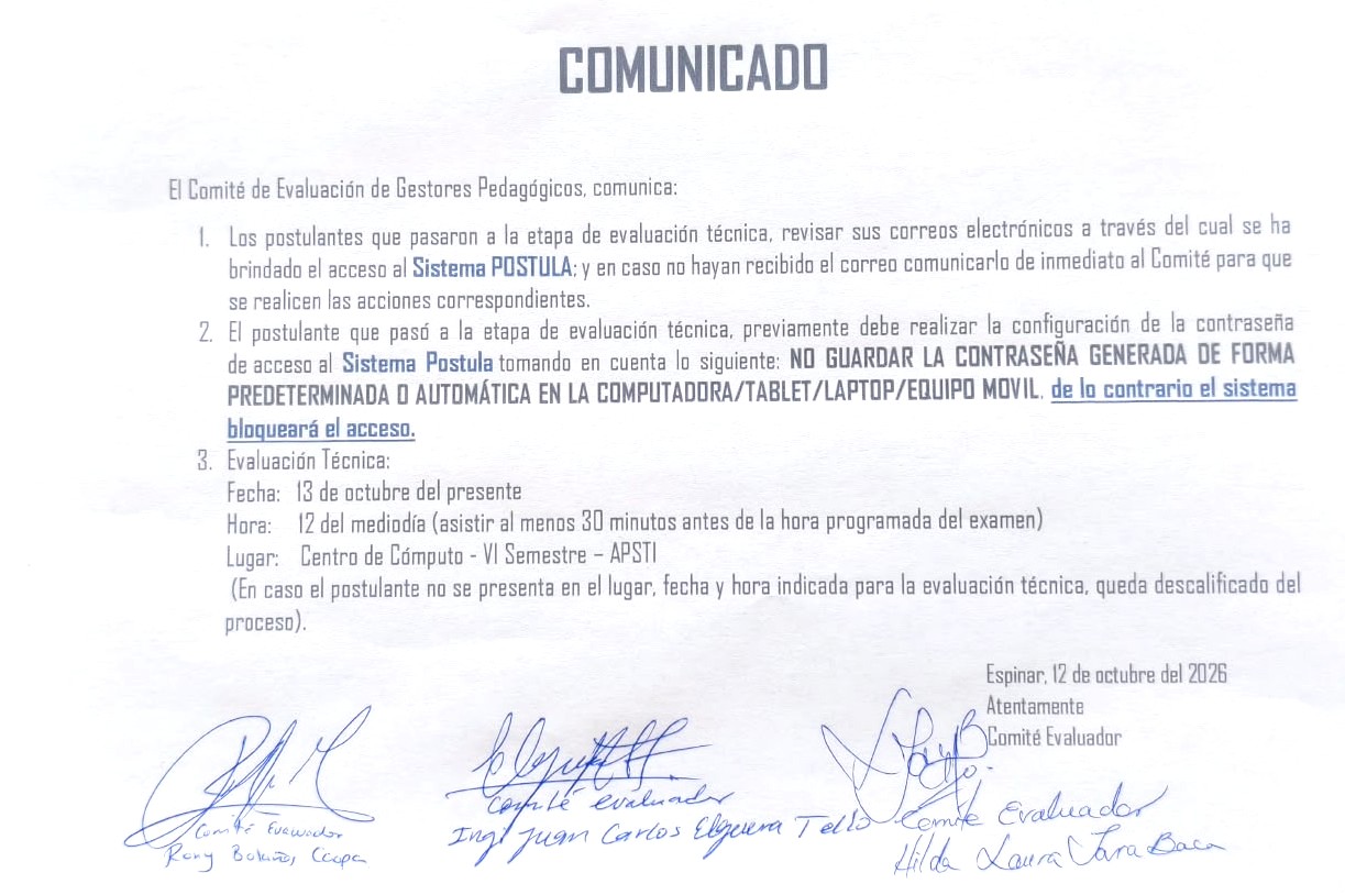 Comunicado oficial sobre correo de acceso al Sistema POSTULA, contraseña y evaluación técnica del 13 de octubre de 2026