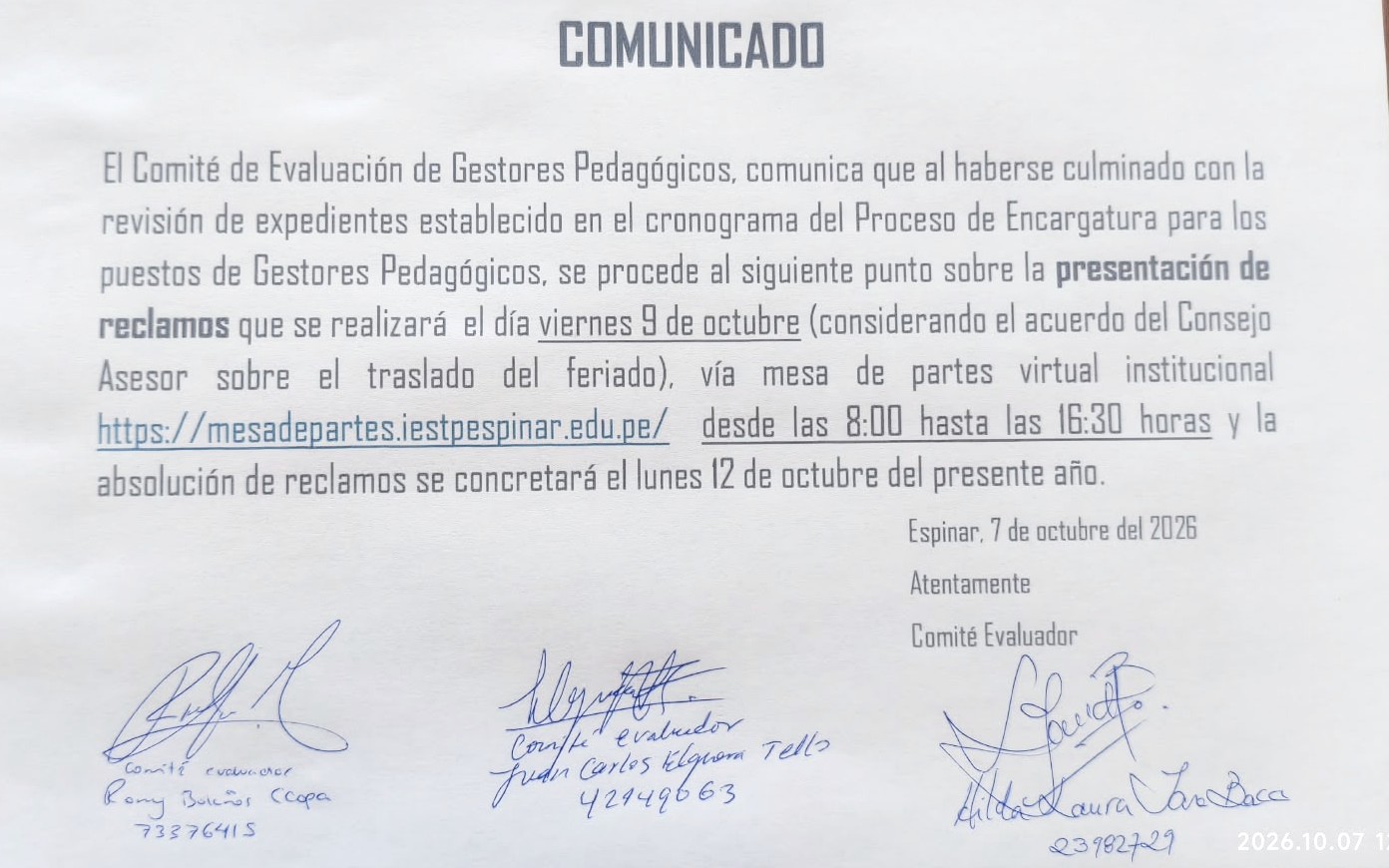 Comunicado oficial sobre presentación de reclamos